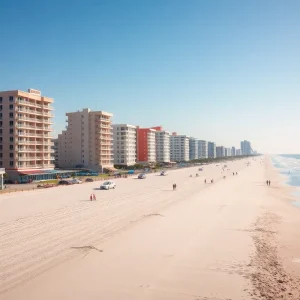 A view of Myrtle Beach with hotels and people enjoying the beach.