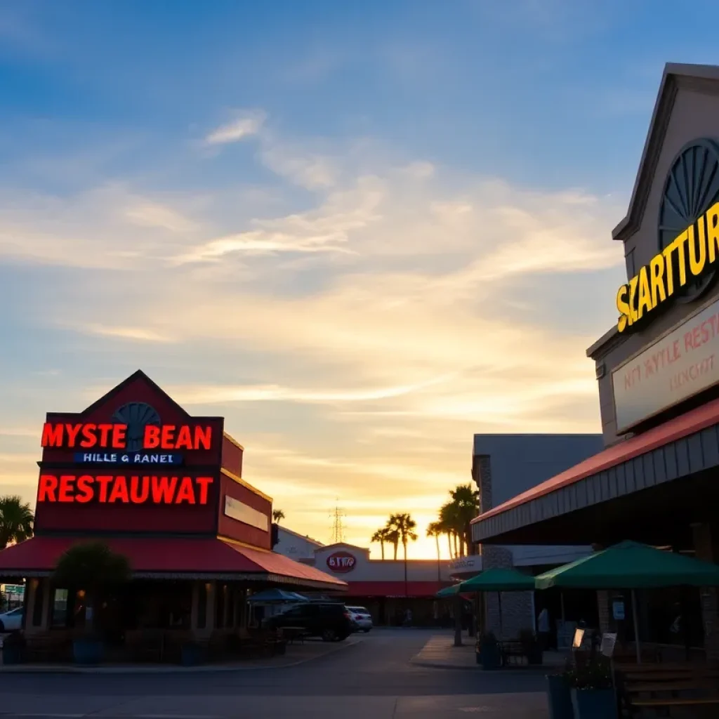 View of Myrtle Beach's restaurant district showcasing two restaurants with unique signage.
