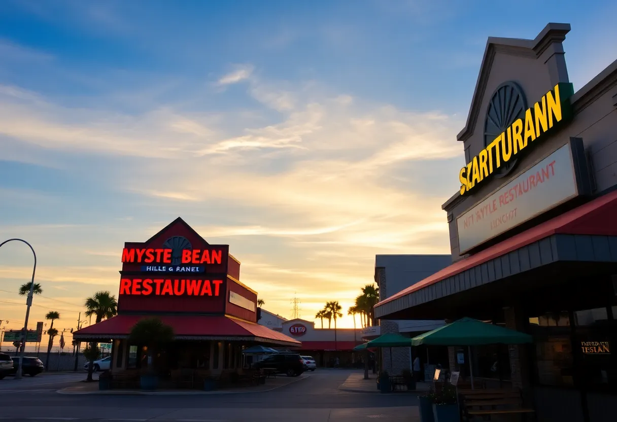 View of Myrtle Beach's restaurant district showcasing two restaurants with unique signage.