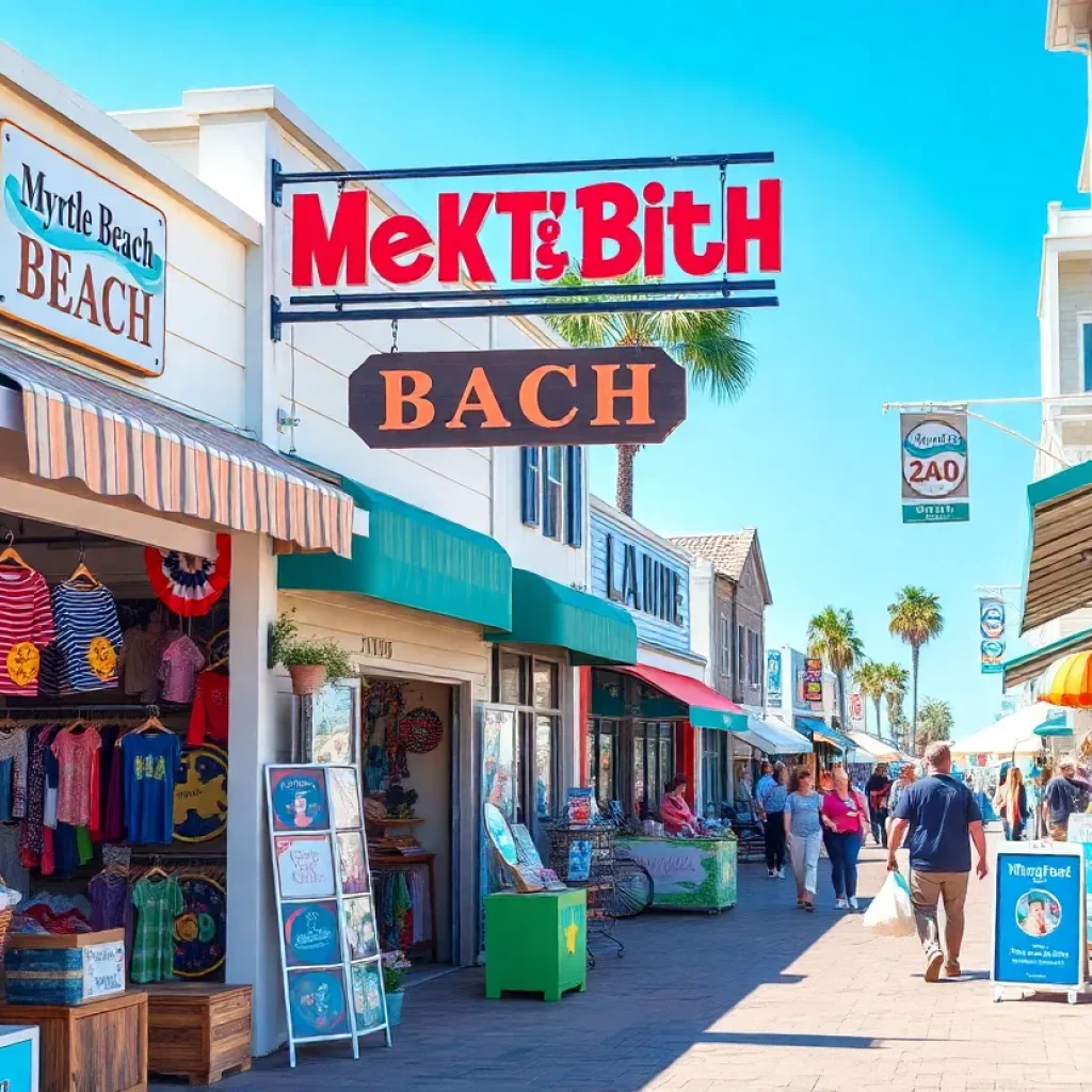 Retail shops in Myrtle Beach filled with colorful merchandise under sunny skies.