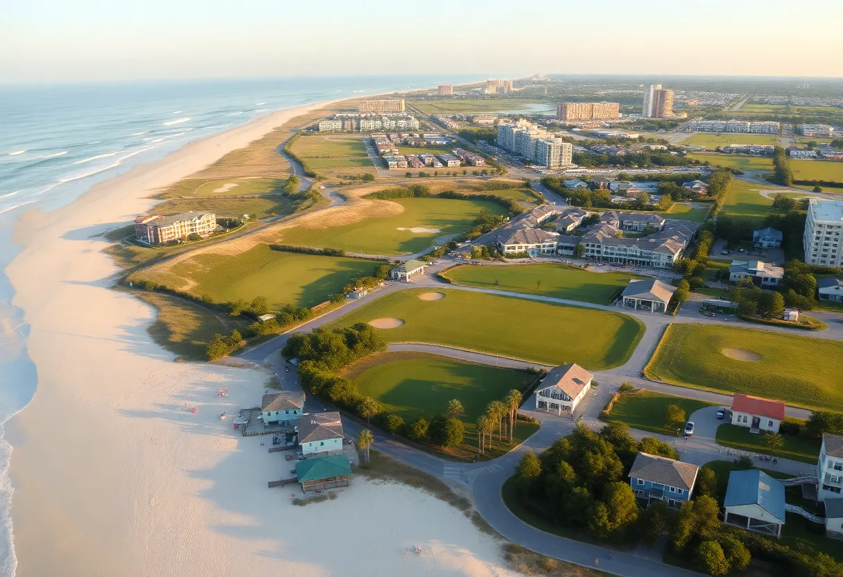 A picturesque beach scene in Myrtle Beach with people enjoying the sun and golfing.
