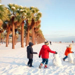 A snowy Myrtle Beach with children playing and palm trees in the background