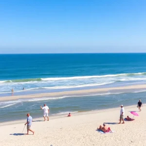 People enjoying a sunny day at Myrtle Beach with clear skies and waves.