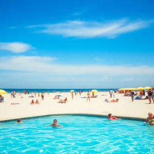 People enjoying a sunny weekend at Myrtle Beach with a clear sky.