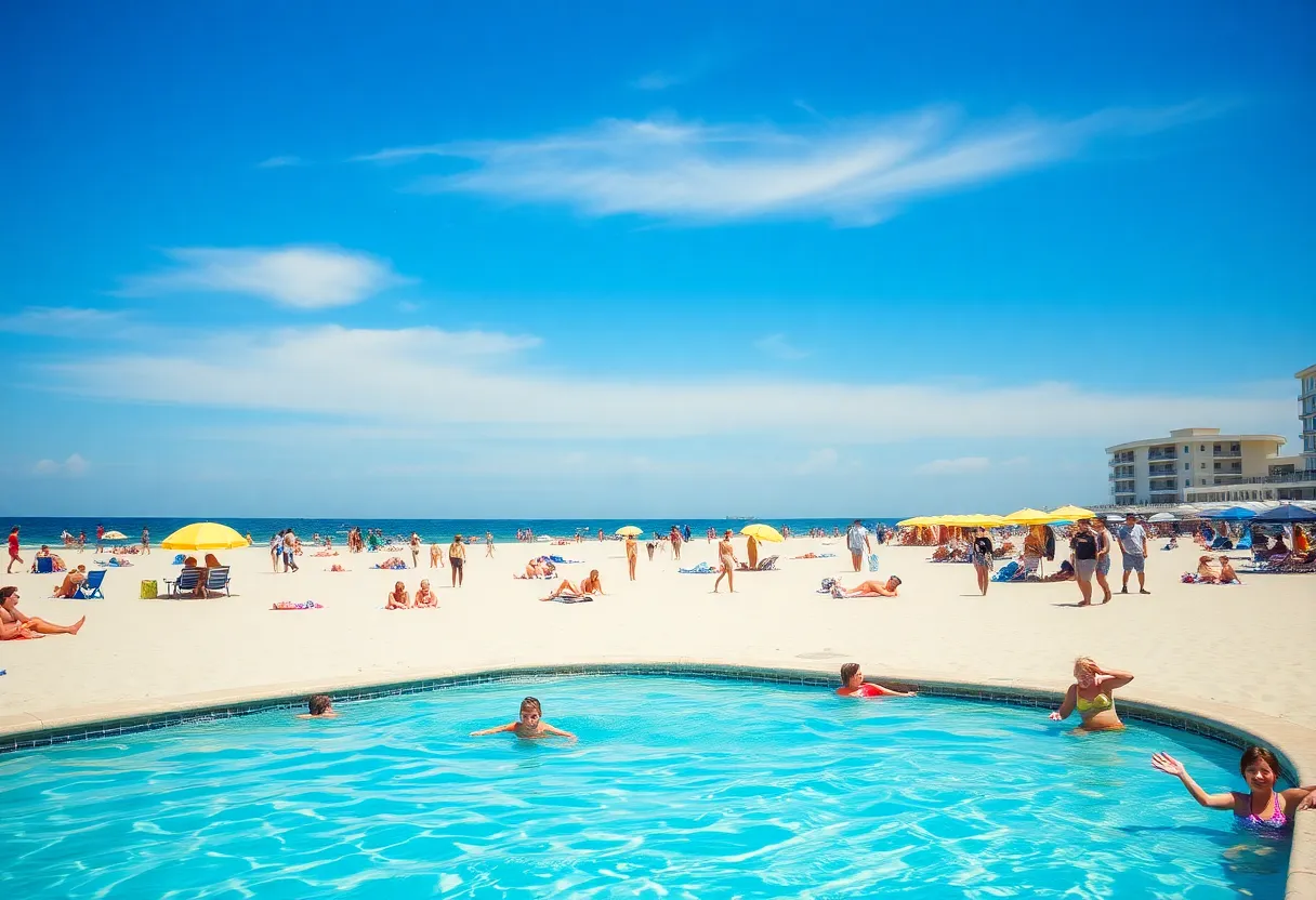 People enjoying a sunny weekend at Myrtle Beach with a clear sky.