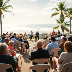 Community gathering at Myrtle Beach town hall with empty chairs
