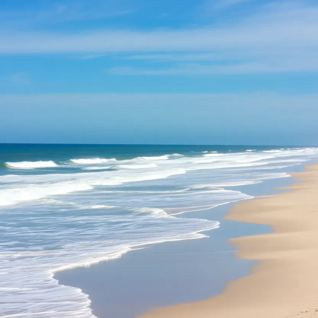 Beach scene at Myrtle Beach with warning of longshore currents.