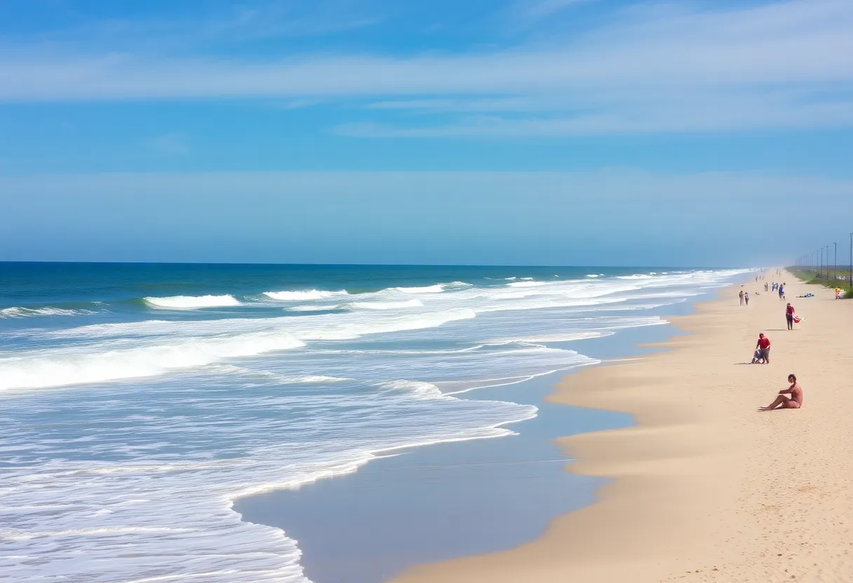 Beach scene at Myrtle Beach with warning of longshore currents.