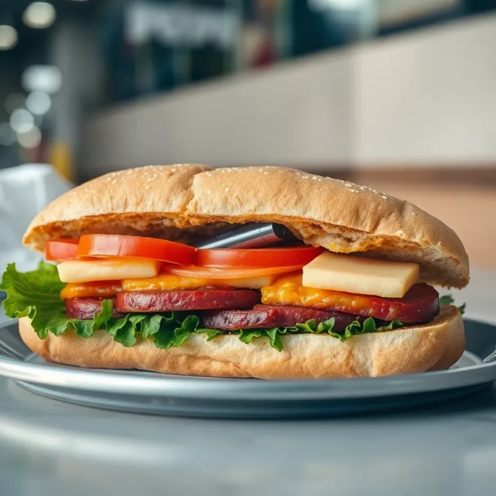 A sandwich with a hidden object symbolizing food safety concerns.
