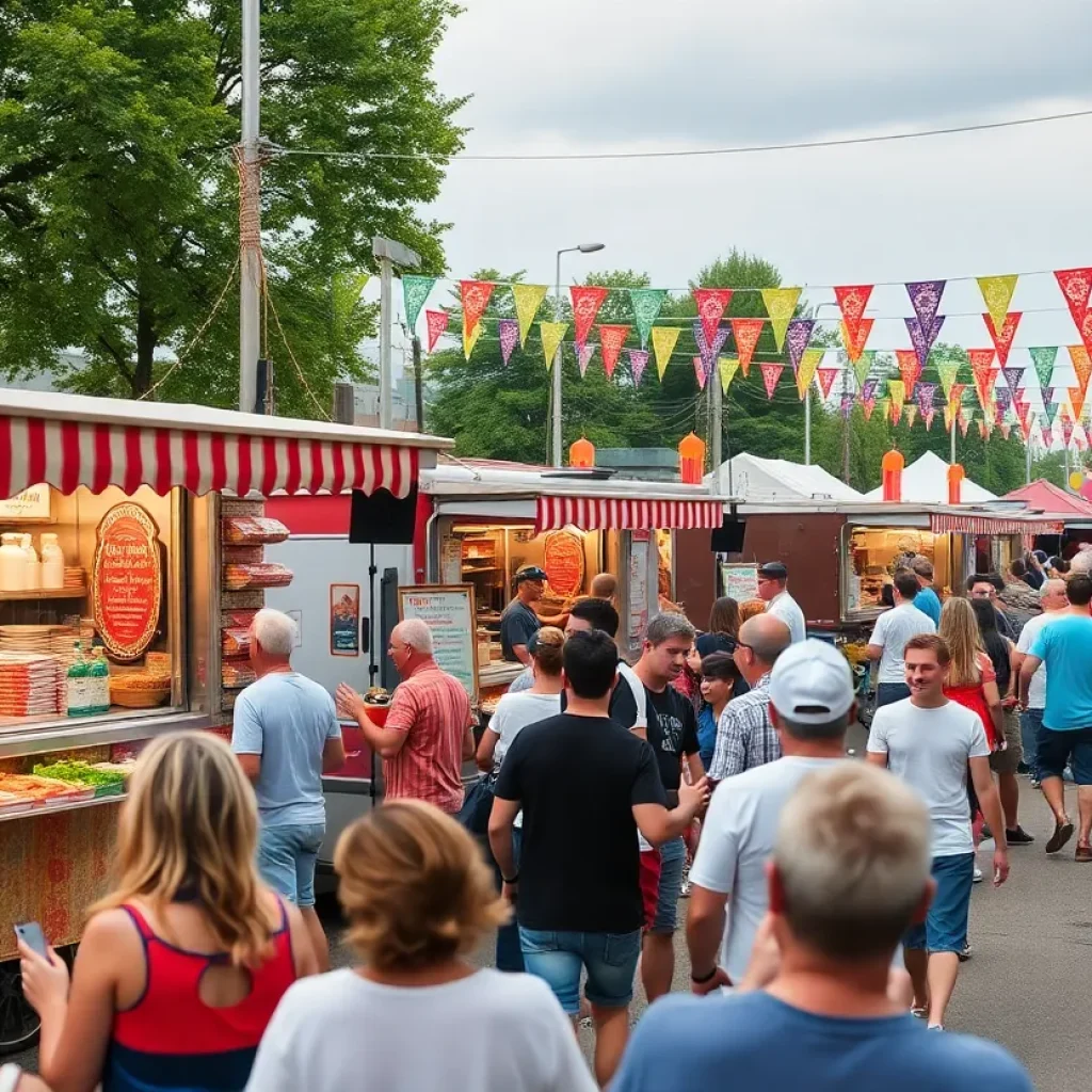 A lively Myrtle Beach Food Truck Festival with various food trucks and attendees enjoying the atmosphere.