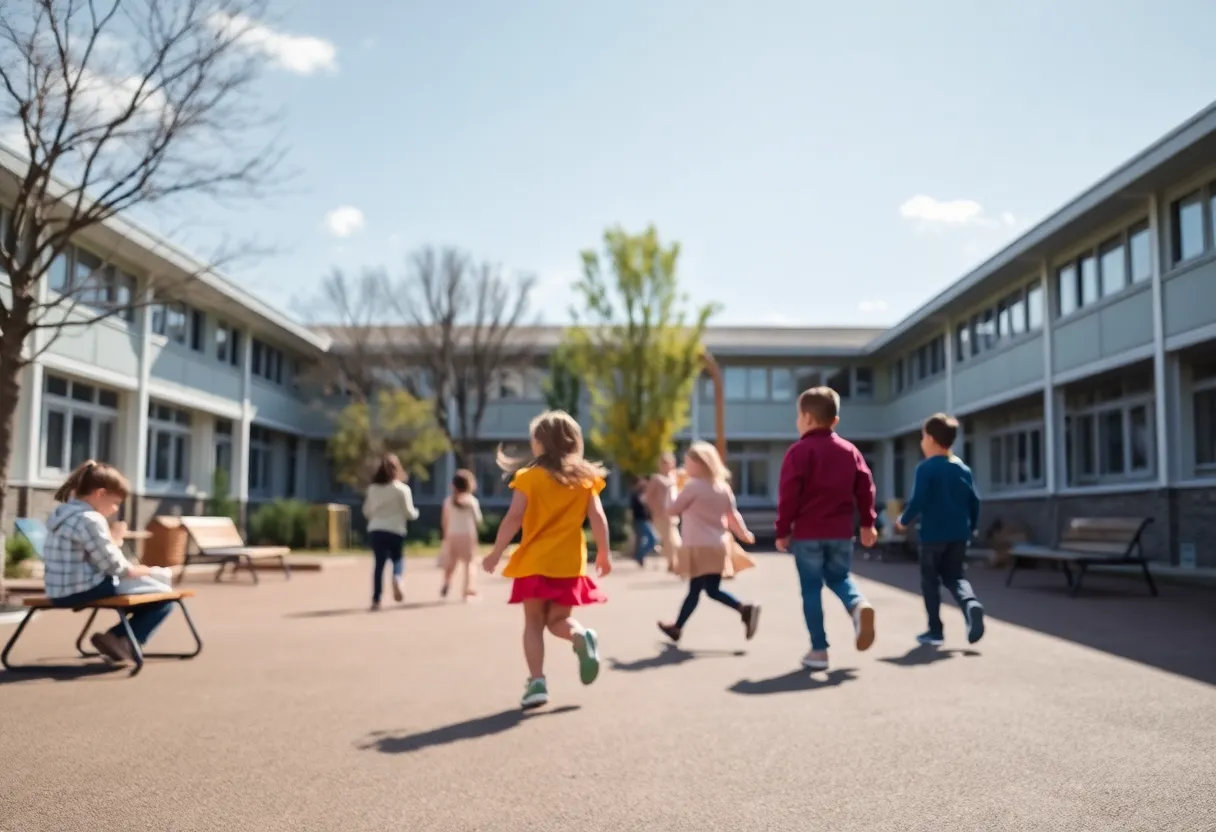 Children playing in a safe school playground environment.