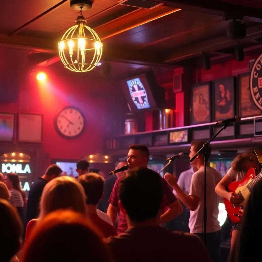 A vibrant scene of patrons enjoying live music at a pub.