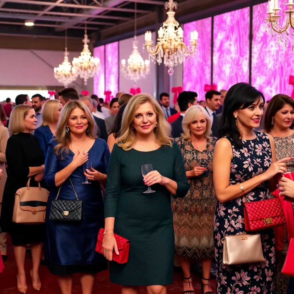Women and men at the Purses with Purpose charity event showcasing designer purses