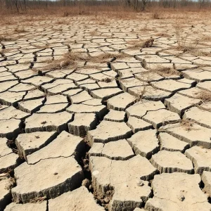 Dried land and cracked soil in South Carolina due to severe drought conditions.