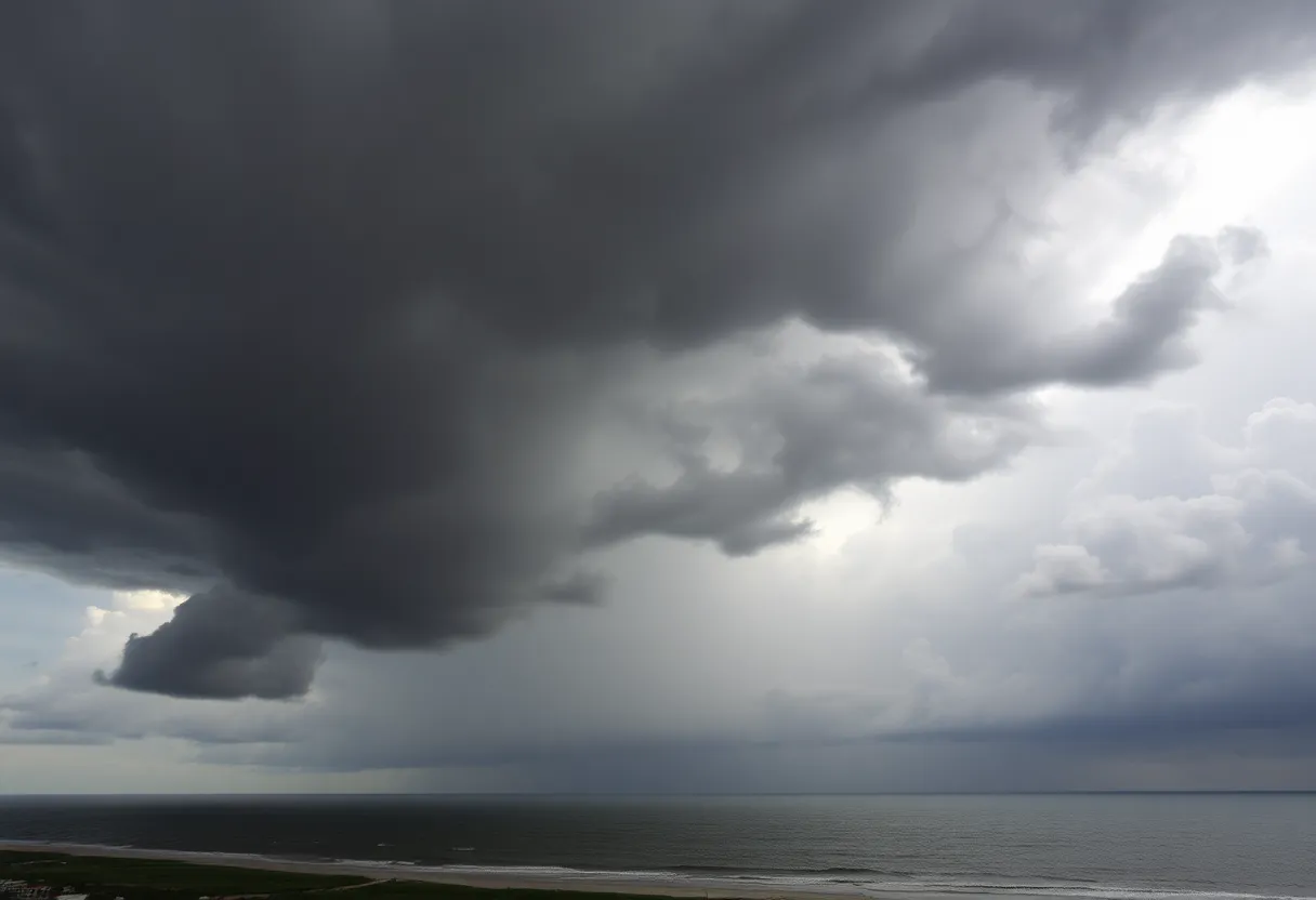 Dark storm clouds over Myrtle Beach signaling a severe thunderstorm warning.