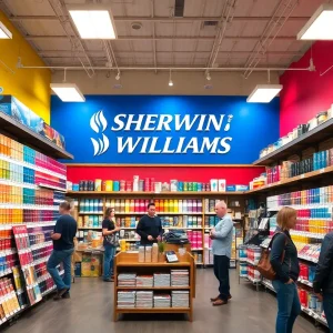 Interior view of a Sherwin Williams store showcasing various paint colors and samples.