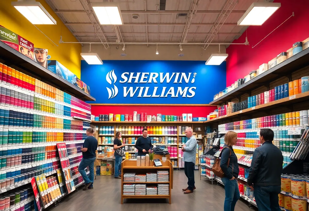 Interior view of a Sherwin Williams store showcasing various paint colors and samples.