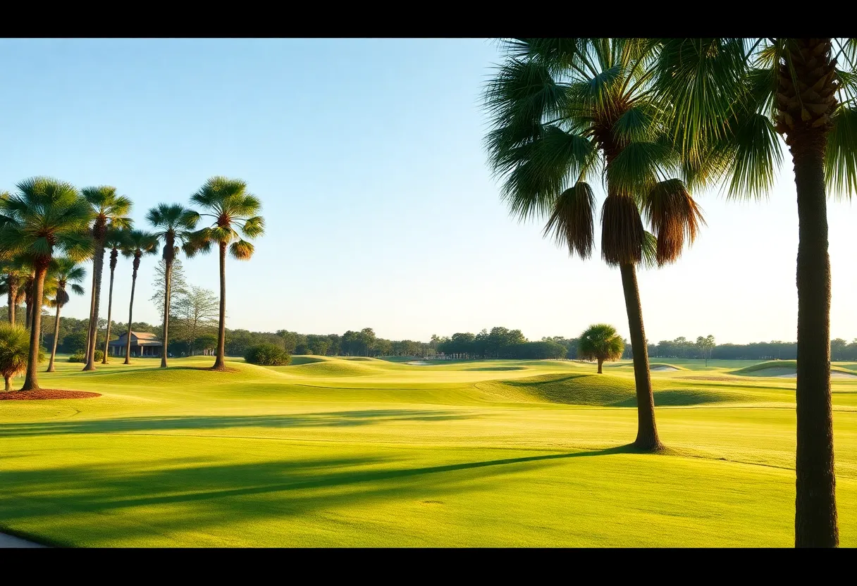 A stunning view of a golf course in South Carolina with palm trees and a bright blue sky.