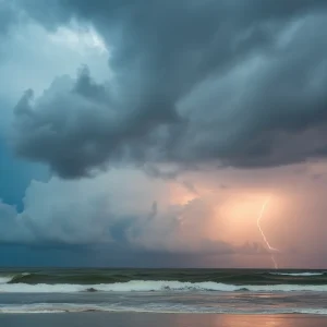 A stormy sky looms over Myrtle Beach with dark clouds and lightning.