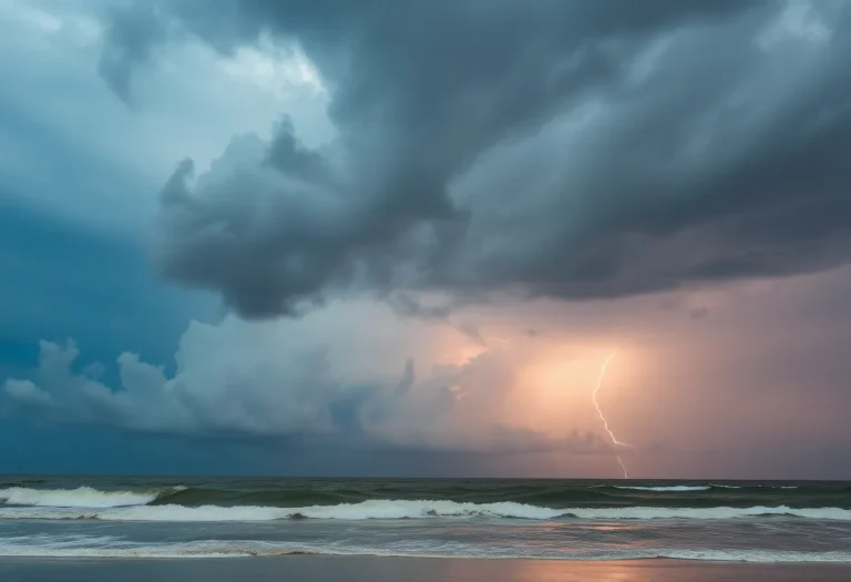 Dark storm clouds and lightning over Myrtle Beach coastline