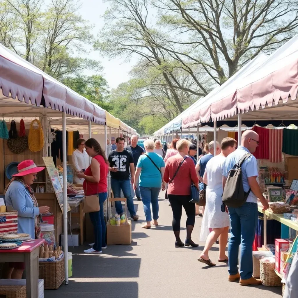 Visitors enjoying the Tuscany Community Craft Fair with various artisan crafts on display.