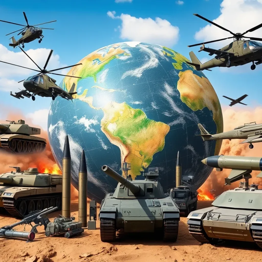 Representation of U.S. arms exports with military equipment and a globe.