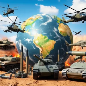 Representation of U.S. arms exports with military equipment and a globe.