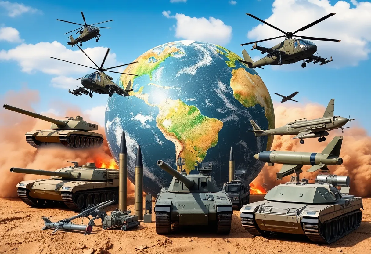 Representation of U.S. arms exports with military equipment and a globe.