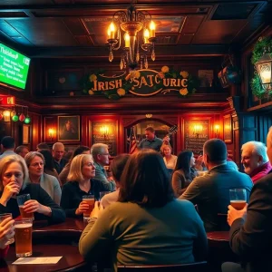 Interior of a busy Irish pub with patrons enjoying music